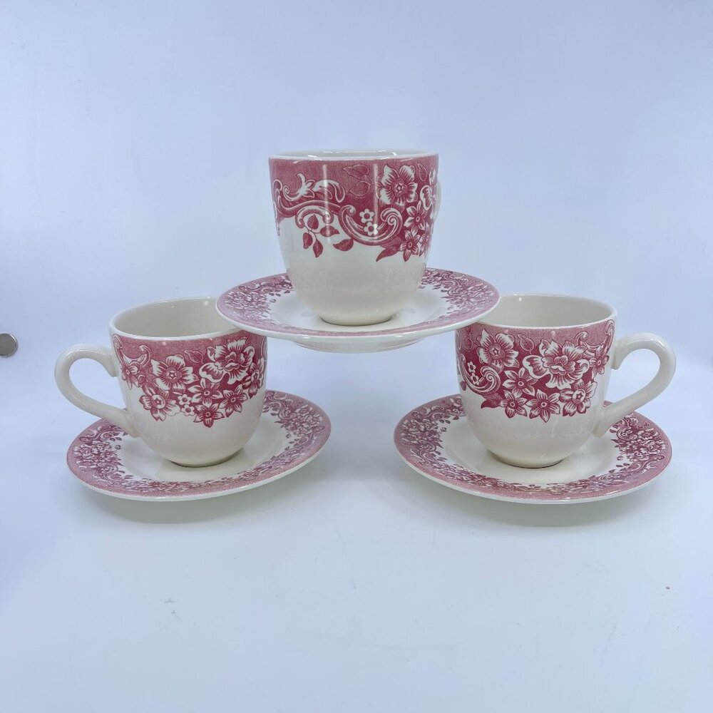 vintage staffordshire engravings floral red transferware mugs & saucers set of 3